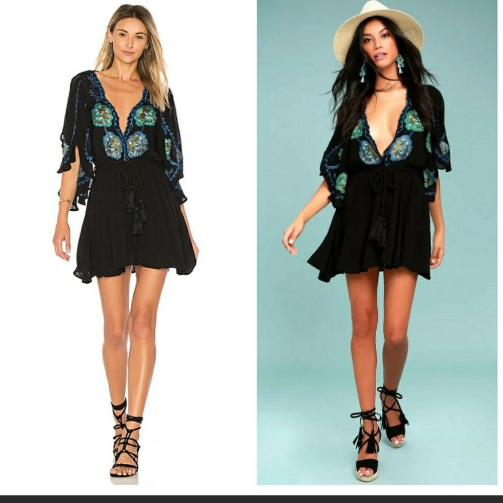 NWT Free People Cora Embroidered Black Dress Med